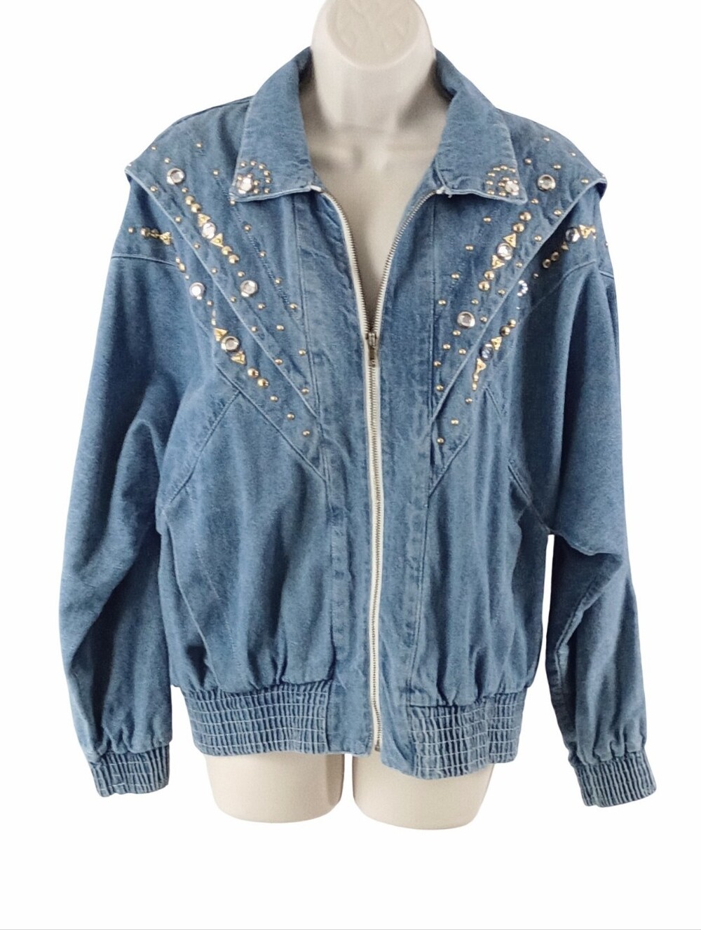 Vintage Women's Blue Denim Studded Zip-Up Jacket